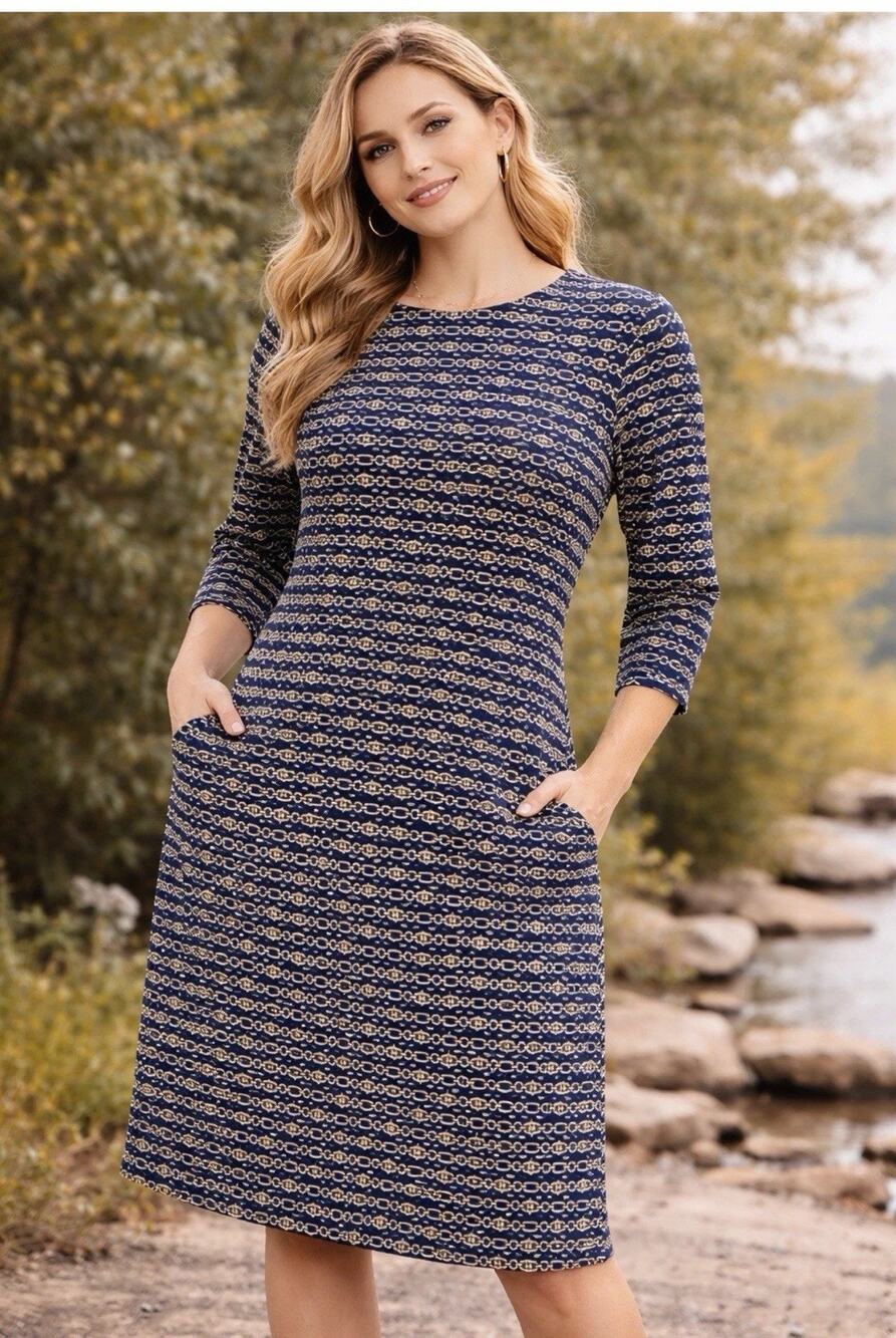J. McLaughlin Catalyst Dress Navy Gold Chain Print Travel Knit Women's Medium